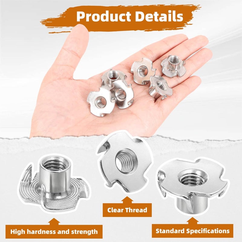 OUSCHR 1/4"-20 Stainless Steel T-Nuts Durable Anti-Corrosion Threaded Inserts Tee Nut Four Prongs Nut for Wood and Furniture, 50 PCS - Image 2
